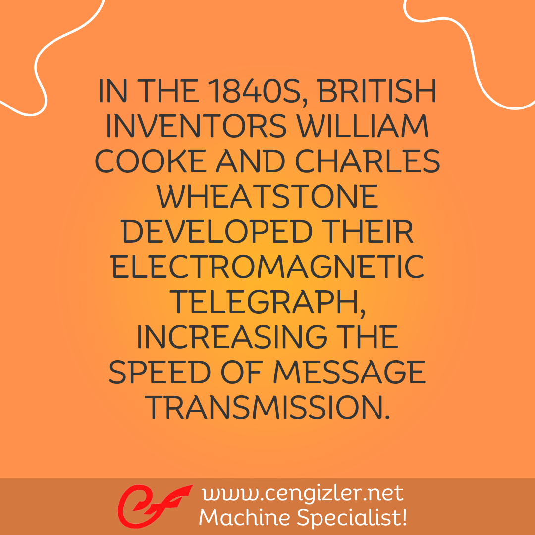 4  In the 1840s, British inventors William Cooke and Charles Wheatstone developed their electromagnetic telegraph, increasing the speed of message transmission